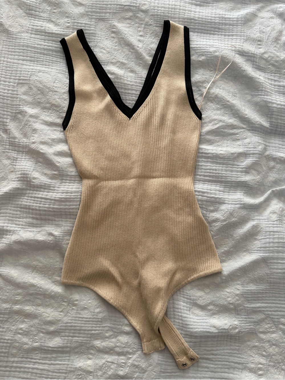Caroline Constas Beige Ribbed V-Neck Bodysuit with Black Trim